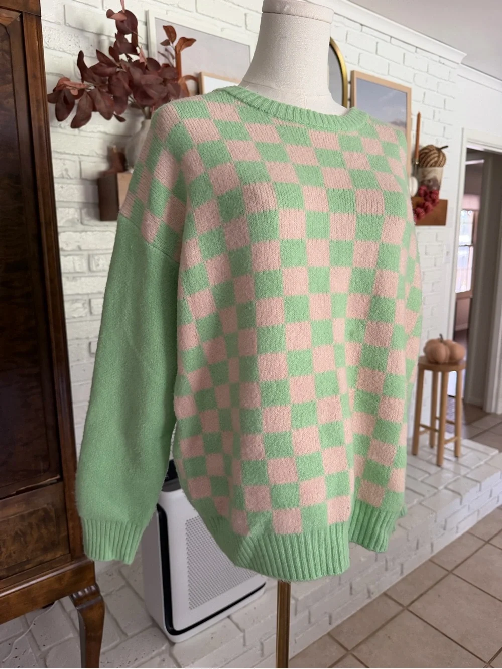 Princess Polly Mint Green & Light Pink Checker Knit Crew Sweater